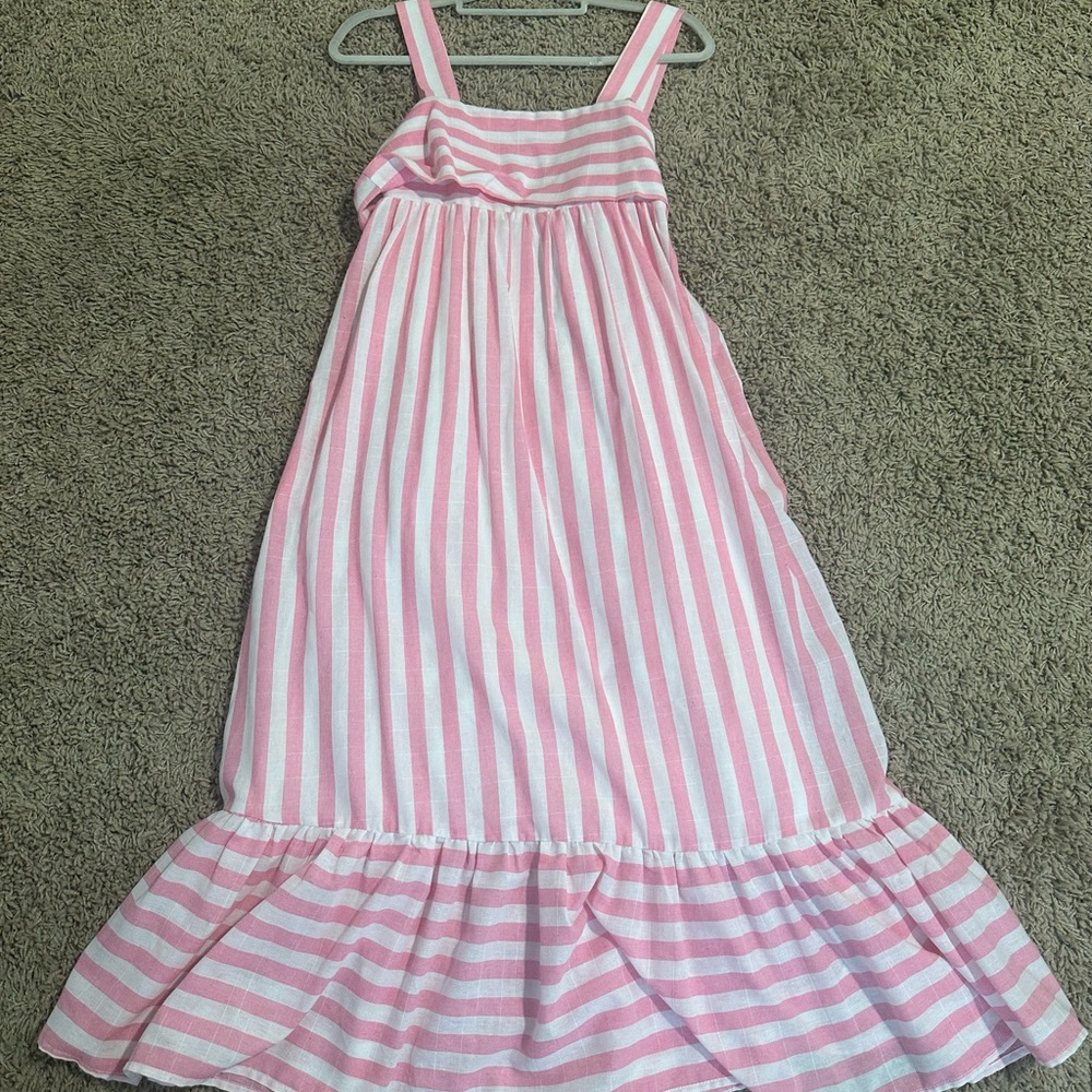 Entro Pink and White Midi Dress with Ruffled Hem